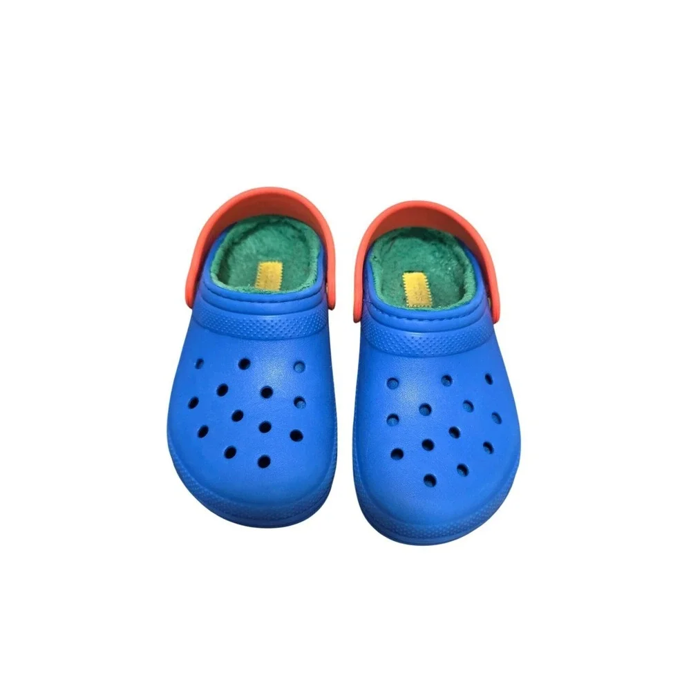 Crocs Kids‎ Blue Clogs Blue Orange Strap & Green Fleece Lining Size j 1